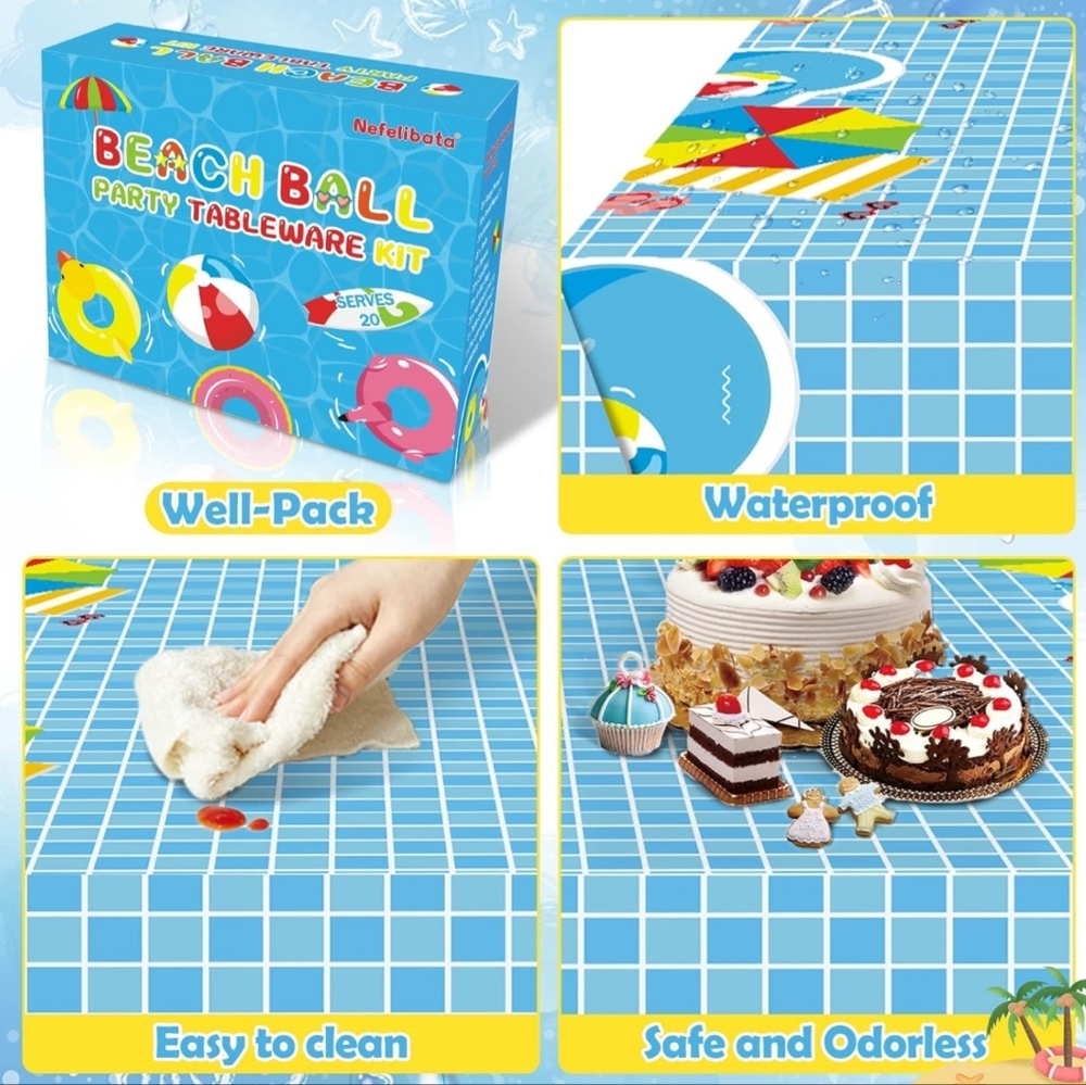 Pool Party Birthday Supplies Set 20 Guests Birthday Banner Table Cover Swim‎ - Picture 5 of 7
